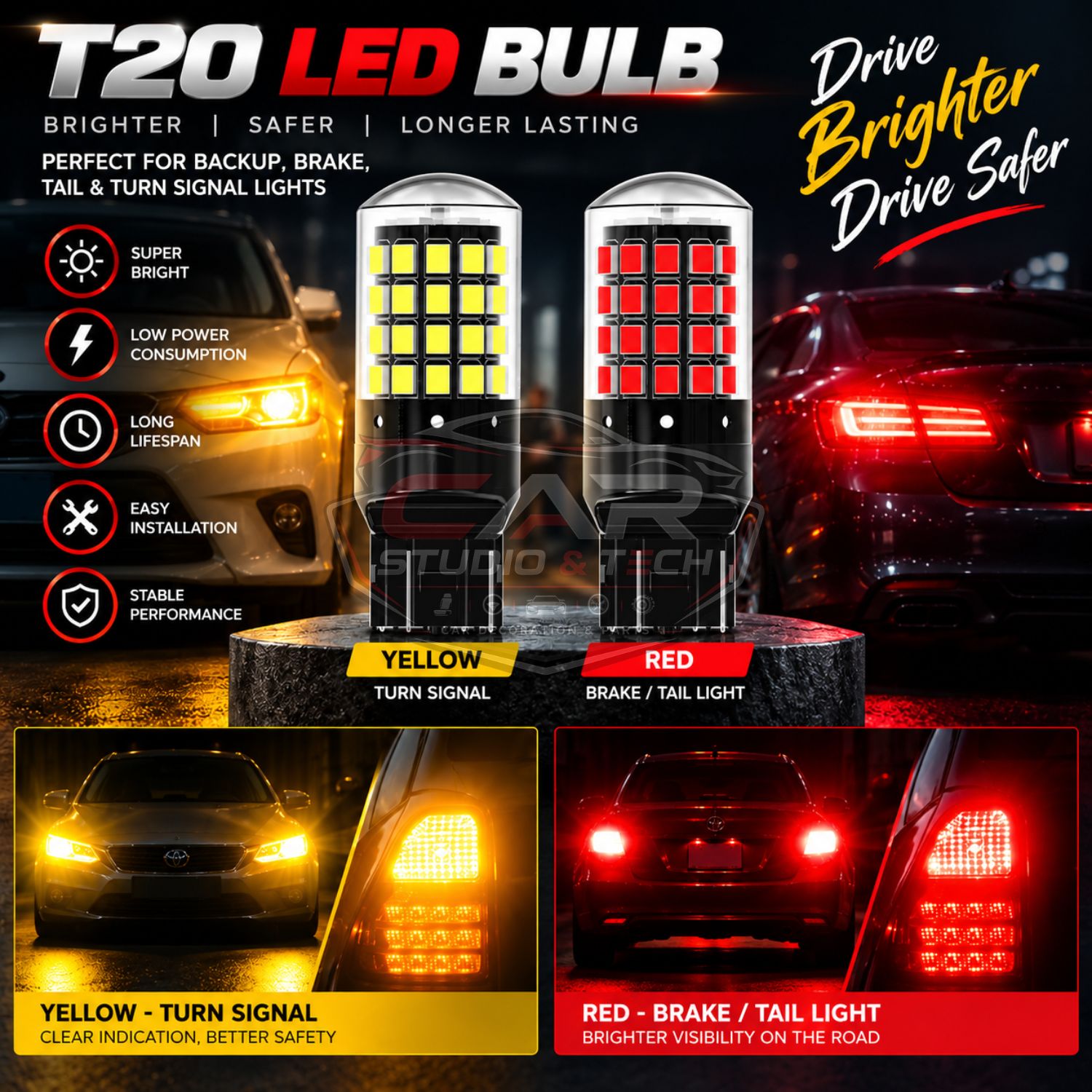 T20 LED Bulb – High Brightness Red & Yellow Car Signal, Brake & Tail Light